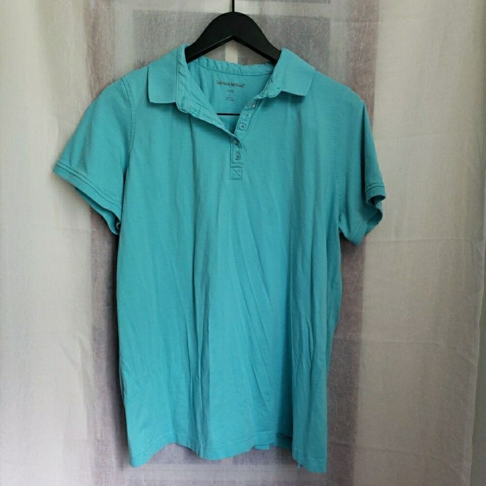 Woman Within Shirt Womens L 18/20 Turquose Blue Short Sleeves Polo Lightweight